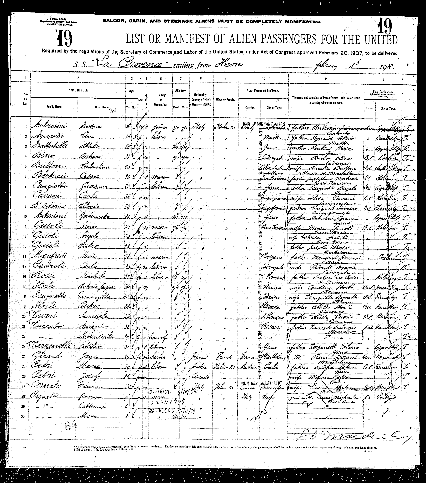 Registro Immigrazione Stati Uniti D'America Pag. 1